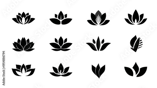 Diverse collection of black lotus flower icons. Elegant vector silhouettes for meditation, yoga, spa, wellness, and nature designs.