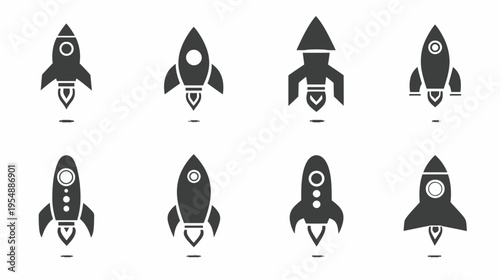 Set of black rocket ship icons. Various startup, innovation, and space exploration symbols with launch flames on white background.