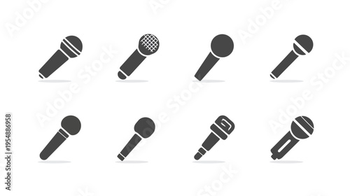 Set of diverse microphone icons, ideal for audio, sound recording, voice, music, podcast, and communication design elements.