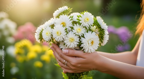 A gentle close up of a woman hands holding a beautiful white aster bouquet, standing in a sunlit garden with a soft blurred floral backgroun