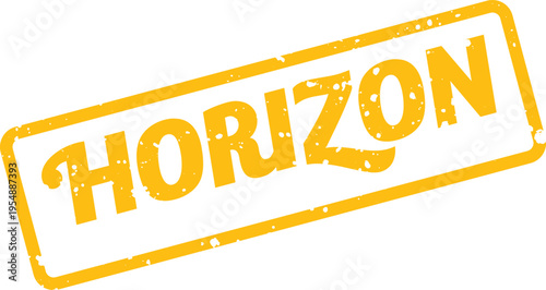 Vibrant yellow grunge rubber stamp featuring the word HORIZON suggesting new possibilities