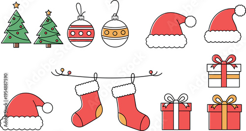 Christmas holiday elements collection with santa hats gifts stockings ornaments and trees festive vector illustration set