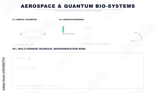 Set of aerospace and quantum bio-systems technical illustrations vector