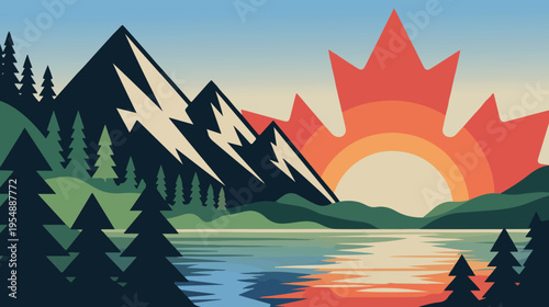 Canadian maple leaf sunrise over mountains and lake