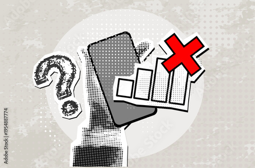 Trendy Halftone Collage hand hold smartphone display  with the global internet network disconnected.