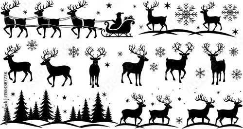 Christmas reindeer silhouettes with Santa sleigh snowflakes stars and winter forest landscape festive holiday vector illustration set