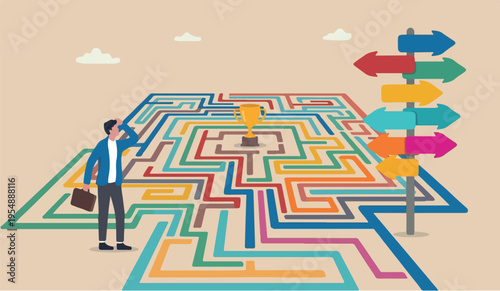 Path success plaining achievement growth project businessman finding the way in labyrinth to reach target.