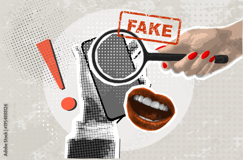 Trendy Halftone Collage hand hold smartphone display exclamation symbol fake news misleading press. Concept of fraudulent phone calls and messages. Modern collage style.