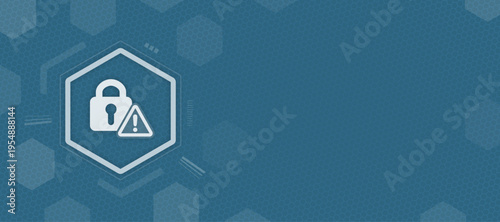 Cyber security alert and data protection lock error icon with blue hexagon background copy space and vector