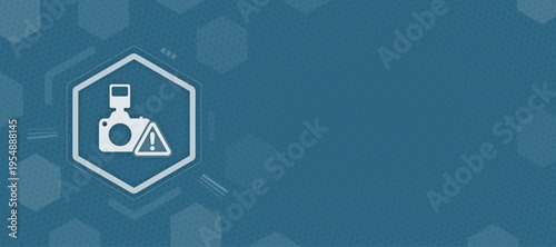 Camera technology error warning icon in hexagon on blue background with copy space and vector illustration style