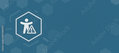 Accessibility and human user error warning icon in hexagon on blue background with copy space and vector