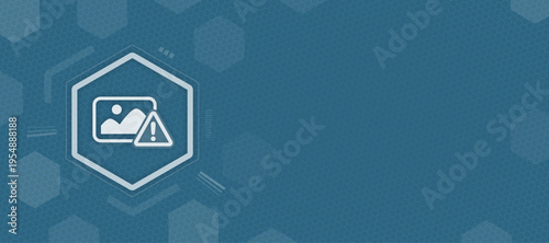 Image file loading error and gallery upload warning icon in hexagon blue background copy space and vector