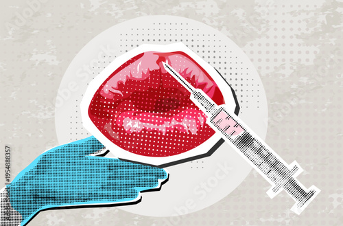 Trendy Halftone Collage lips and syringe, filters. Beauty surgery concept. Female lips.