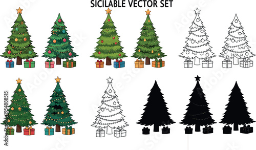 Christmas tree scalable vector set with decorated pine trees outline silhouette and gift boxes festive illustration collection
