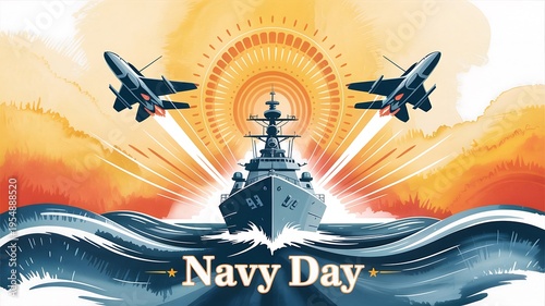 Stylized Navy Day with warship, jets, and sun rays