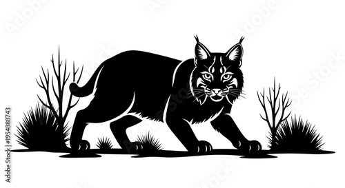 Black silhouette of lynx walking.