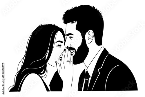 Couple Whispering and Laughing Together Best Friends Marriage Joy Social Connection Black Vector Silhouette