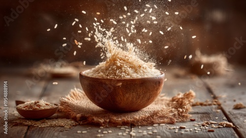 Close-up of Uncooked Rice Falling from a Wooden Bowl onto Rustic Wooden Surface Surrounded by Natural Light and Warm Atmosphere
