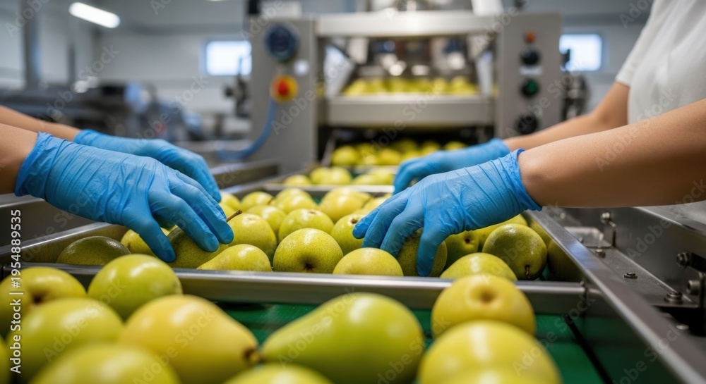 Fototapeta premium Workers in gloves sorting fruit on a production line