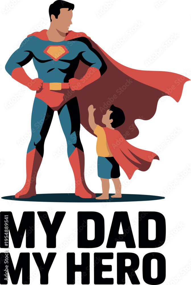 Fototapeta premium Father and son in superhero costumes with text cape