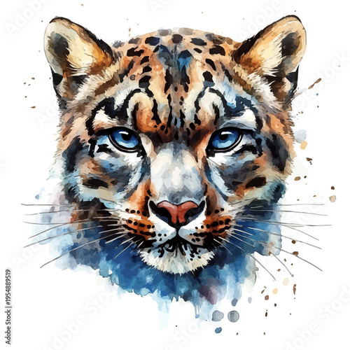 Snow Leopard, watercolor clipart vector, isolated on a white background.