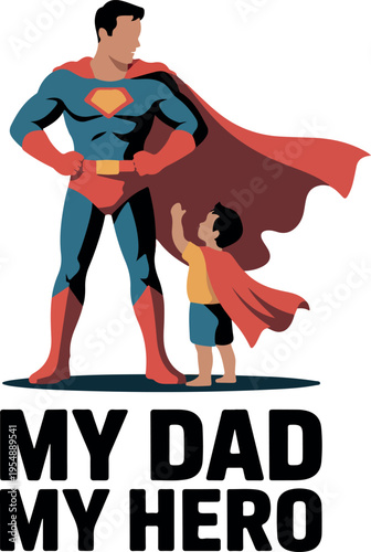 Father and son in superhero costumes with text cape