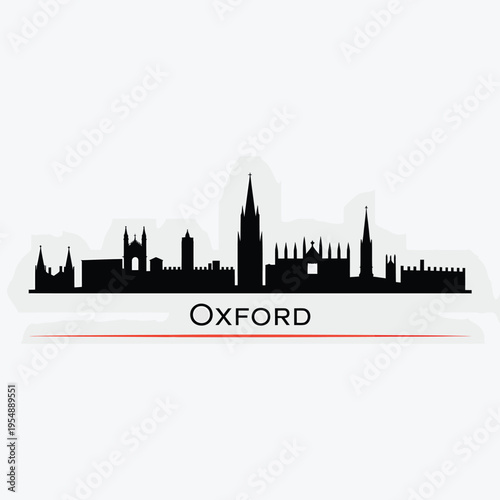 Silhouette of oxford cityscape with prominent university buildings and label