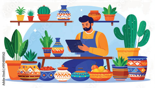 Man Gardening with Potted Plants and Laptop.