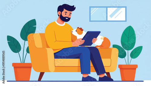 Man Sitting on Sofa Using Tablet.