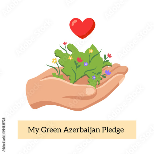 Hand holding green plant with flowers and heart symbolizing eco pledge