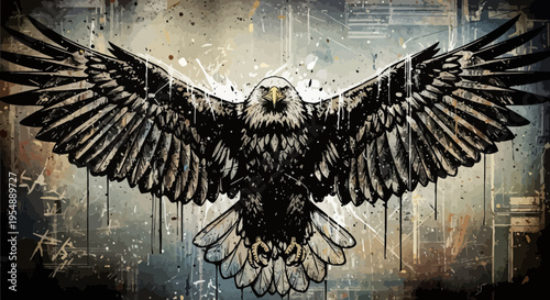 Grungy Artistic Illustration of a Majestic Bald Eagle in Flight