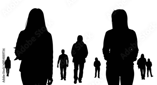 Silhouettes of diverse people walking against a white background