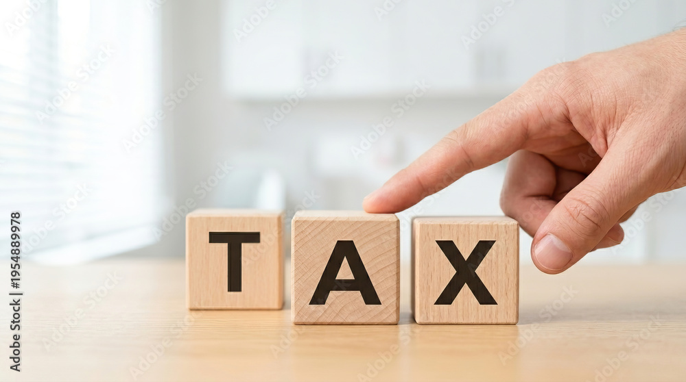 Naklejka premium Tax concept with wooden blocks on table and finger pointing, symbolizing financial responsibility and taxation awareness in bright office setting