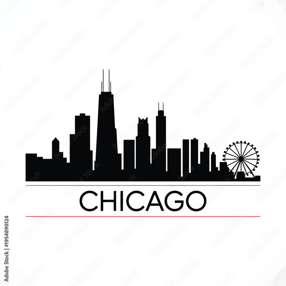 Fototapeta premium Chicago skyline silhouette with ferris wheel and city name typography