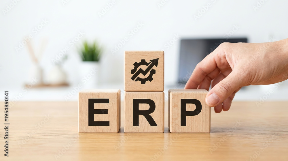 Naklejka premium Enterprise resource planning concept with wooden blocks showing ERP letters and gear with arrow symbol, hand placing last block on wooden table in bright office setting