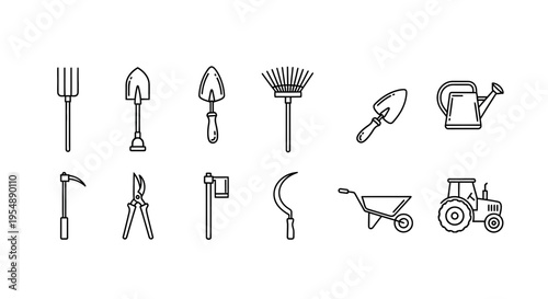 Set of Garden Tools and Farming Equipment Line Icons