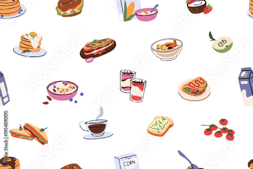 Endless background of breakfast meals. Repeatable pattern of healthy food for morning eating- cup of coffee, cereals with milk, pancakes, eggs, granola, fruit. Flat seamless vector illustration