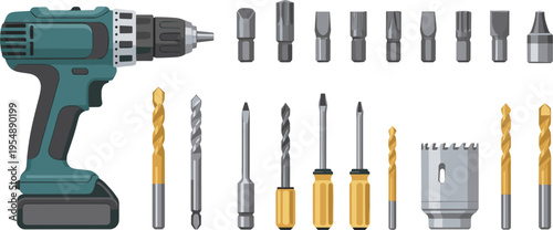 Cordless Drill Tool Kit Vector Set with Drill Machine, Screwdriver Bits, Drill Bits, and Wood Cutting Accessories for Construction, Repair, and DIY Projects