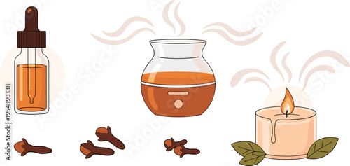 Essential Oil Aromatherapy Set with Diffuser Bottle Clove Spices and Candle Vector Illustration for Wellness Spa Relaxation Fragrance and Natural Healing Design Projects