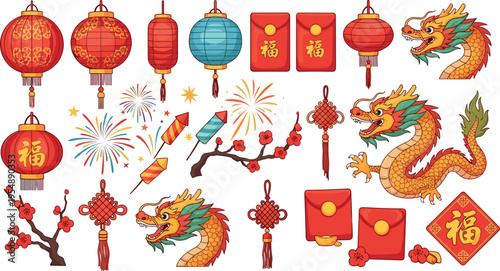 Chinese new year decorations collection with dragon lantern fireworks red envelopes traditional festival vector illustration set