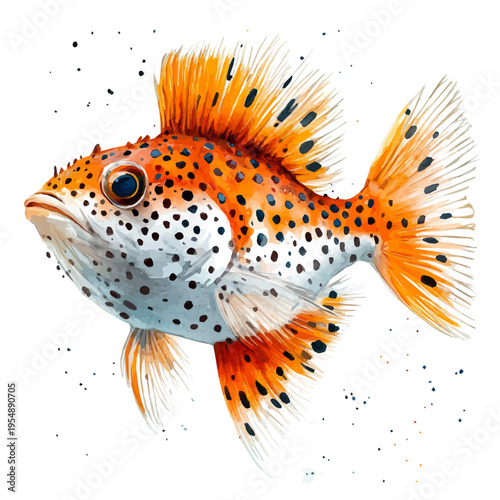 Pufferfish, watercolor vector, isolated on a white background.