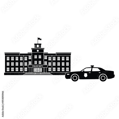 Simple black silhouette of a police station and patrol car