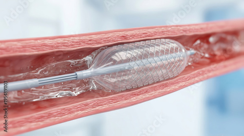 Medical stent artery blood vessel catheter angioplasty surgery cardiology healthcare hospital medicine gently open clogged artery with stent during catheter angioplasty procedure, fluid flow
