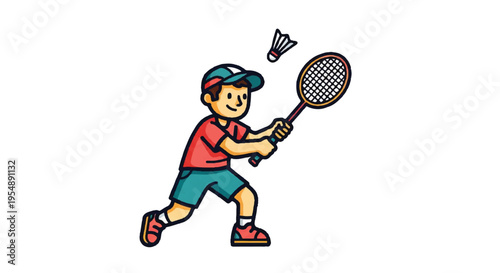 Young person playing badminton sport shuttlecock and racket vector illustration