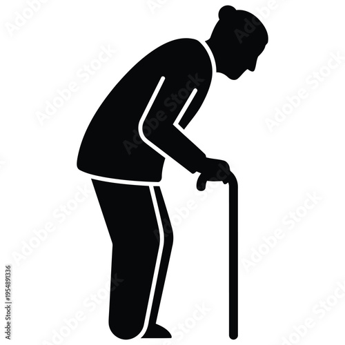 Elderly woman leaning on a cane for support