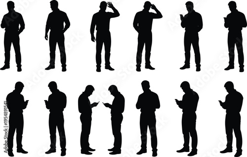 Man Silhouette Set Using Smartphone in Different Standing Poses, Mobile Technology Lifestyle, Communication, Social Media, Digital Addiction, Modern Casual Male Character Concept Illustration