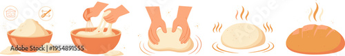 Bread Making Process Set with Mixing Kneading Dough Proofing and Baking Steps Vector Illustration for Bakery Education Cooking Guide and Food Production Design Projects