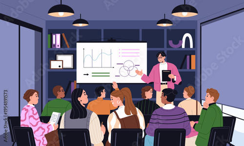 Coach teaches employees at business training. Office workers listen to speaking of trainer. Audience is at conference in auditorium. Speaker with seminar, lecture in company. Flat vector illustration