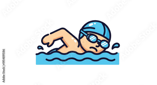 Cartoon swimmer in blue water graphic illustration