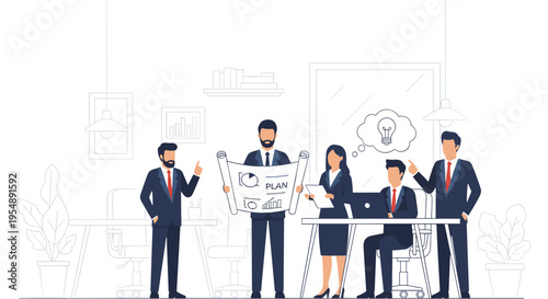 Business team brainstorming in minimalist line art style with light gray colors on white background for corporate presentation